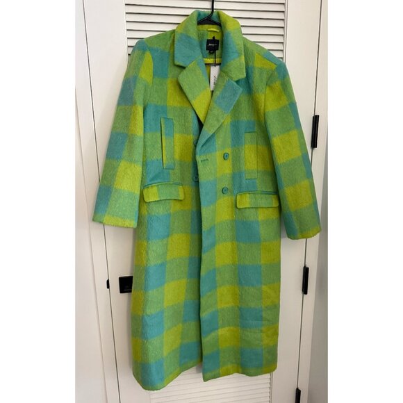 NWT Nasty Gal Premium Longline Green Plaid Coat Size 8 - Picture 2 of 5